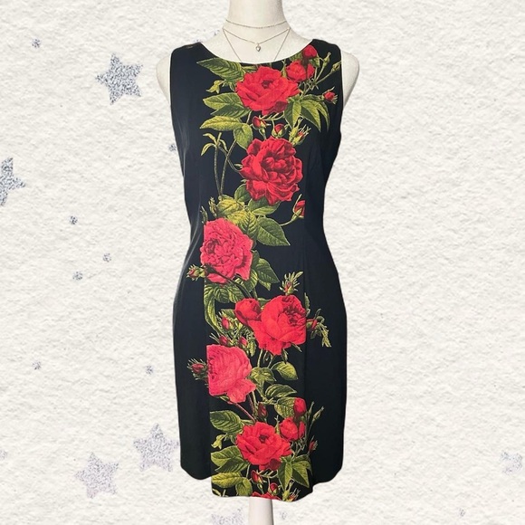 Jessica Howard Vintage Black & Red Floral Sleeveless Sheath Dress 6 Petite - Picture 1 of 6